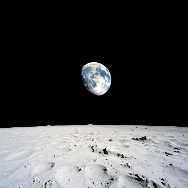 Render: a small gibbous Earth just above a flat, bright lunar horizon in a black sky.