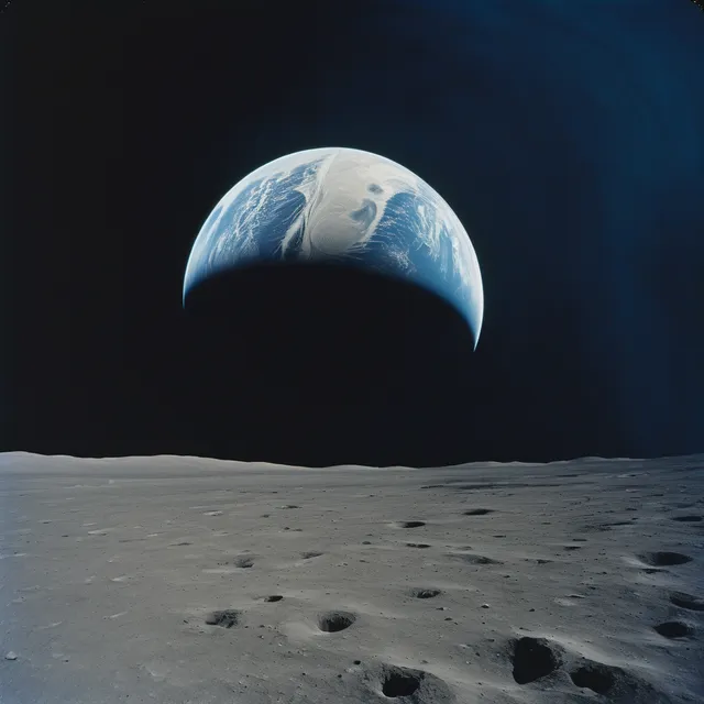 Render: a large crescent Earth above a flat, cratered lunar horizon against a dark blue-black sky.