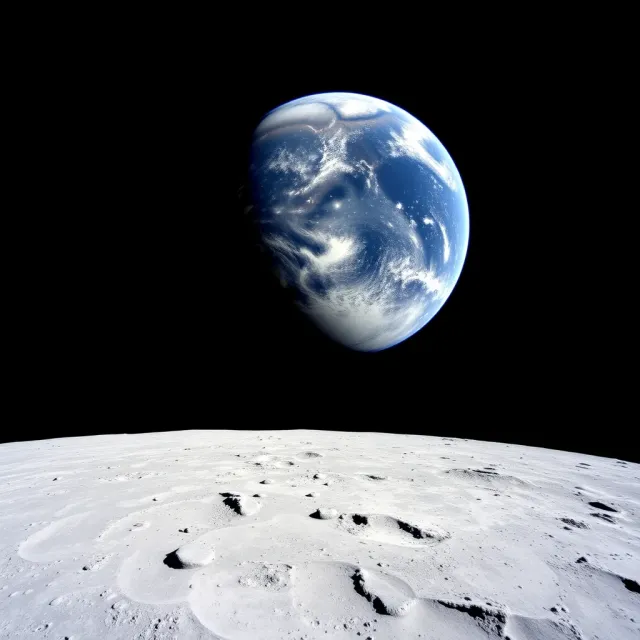 Render: a larger, full blue Earth high above a bright, curved lunar surface.