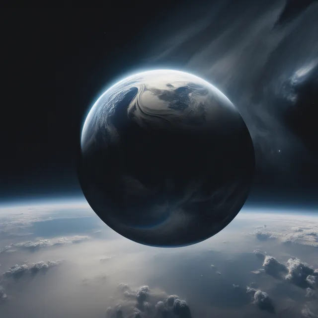 Render: a large dark planet with a thin lit rim floating above a cloudy blue Earth seen from orbit.