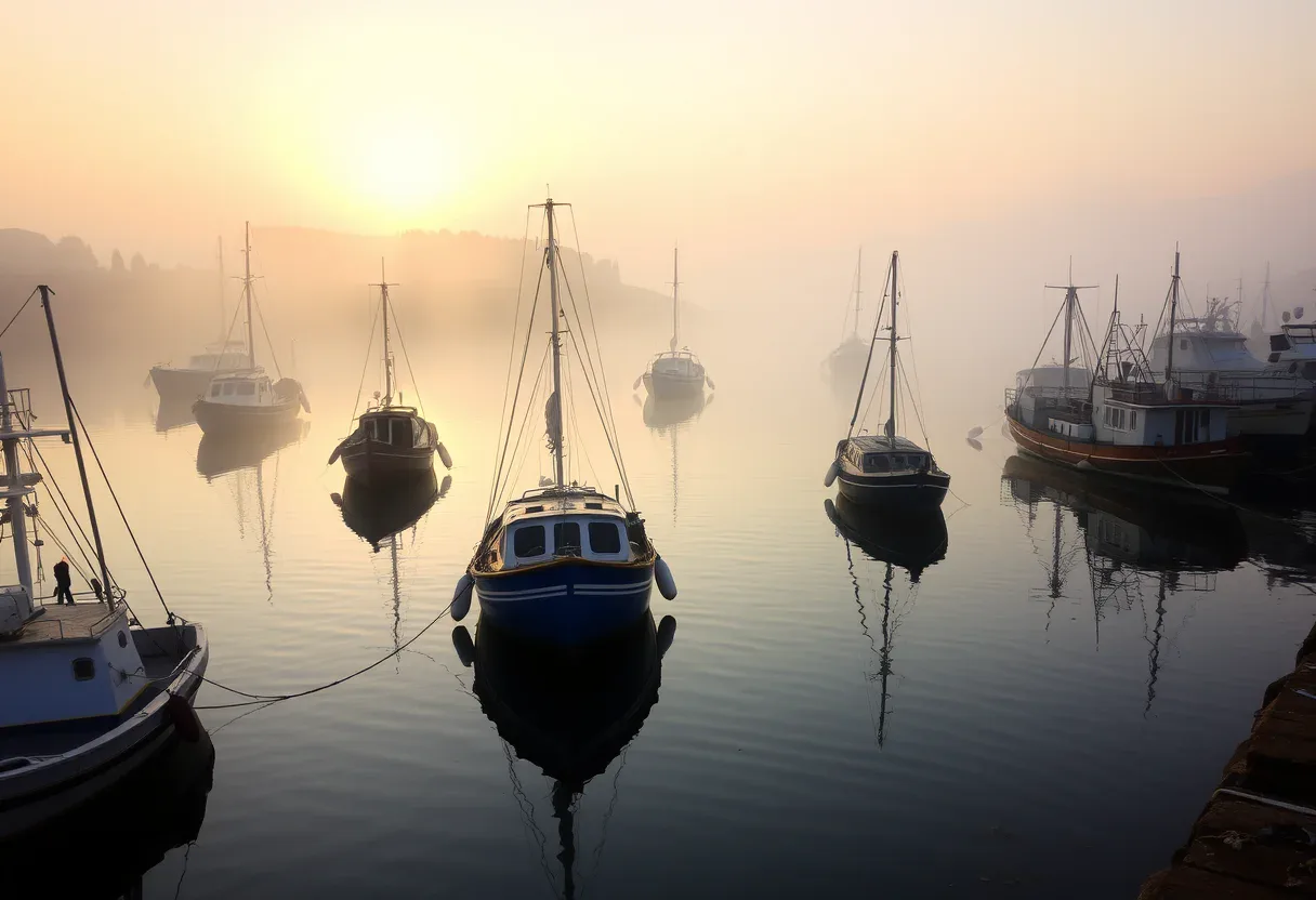 Photograph of fishing boats moored in a misty harbour at dawn, the low sun glowing through the haze.
