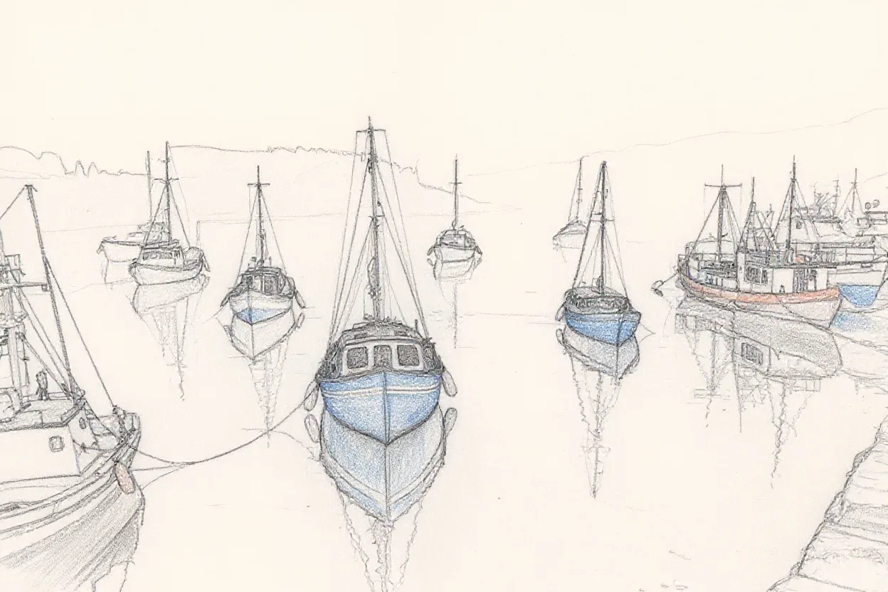 Pencil sketch on cream paper of the same harbour, the same boats in the same positions drawn in fine grey lines.
