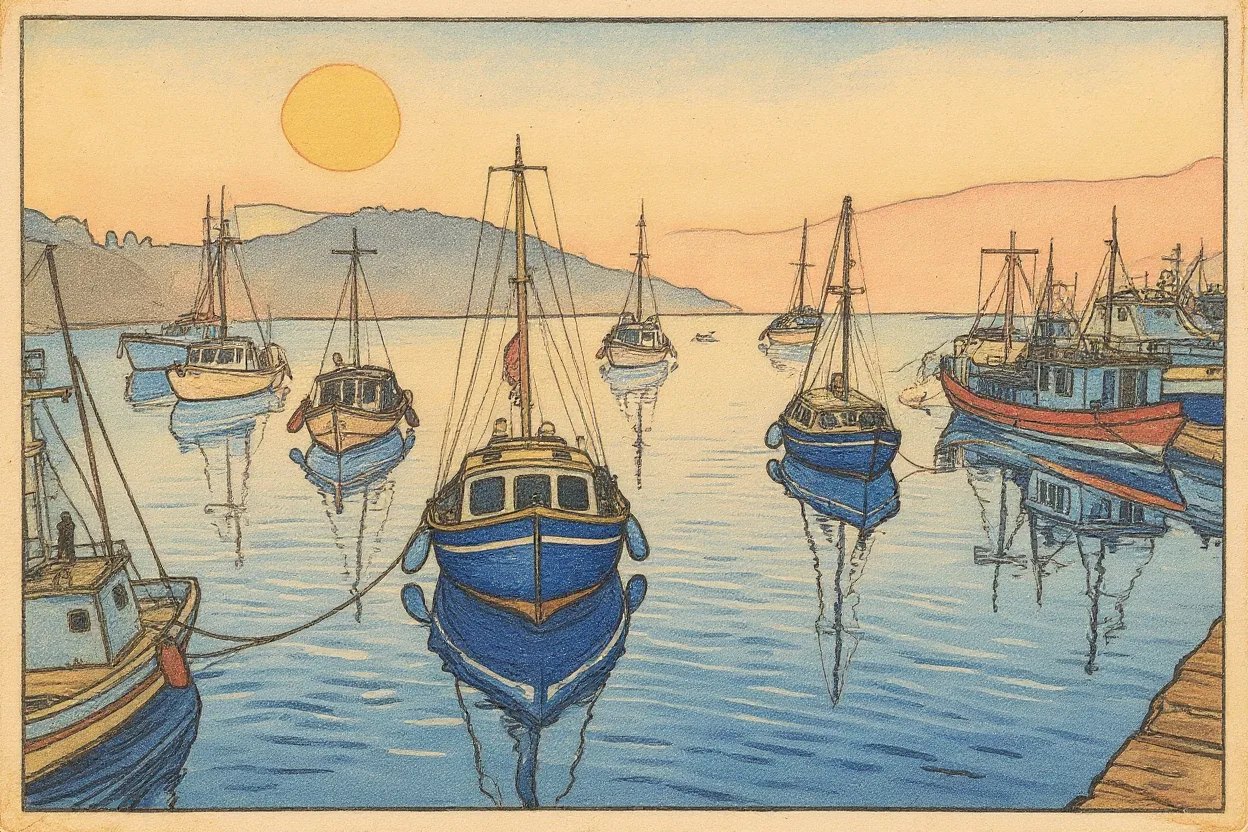 Japanese woodblock print of the same harbour, with flat blue water, coloured boats, distant hills and a pale sun.