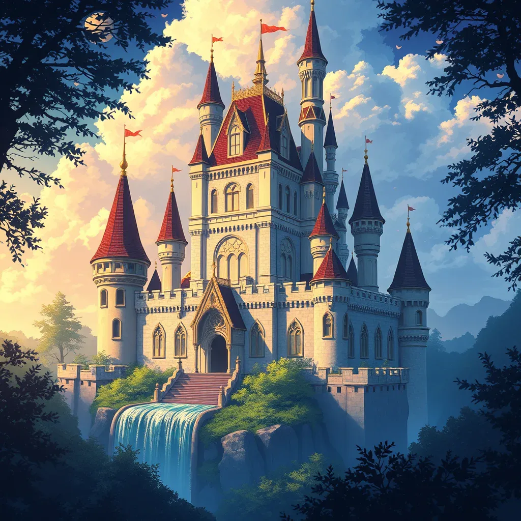 An anime-style fairytale castle with red-roofed spires above a waterfall, framed by trees under a blue sky.