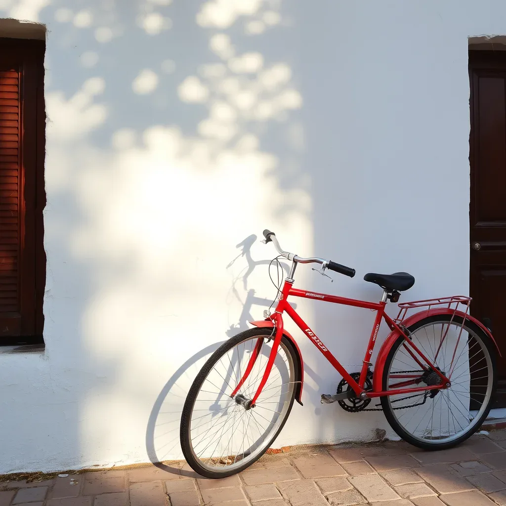 A red bicycle leaning against a sunlit whitewashed wall, with leaf shadows on the wall and cobblestones underneath.