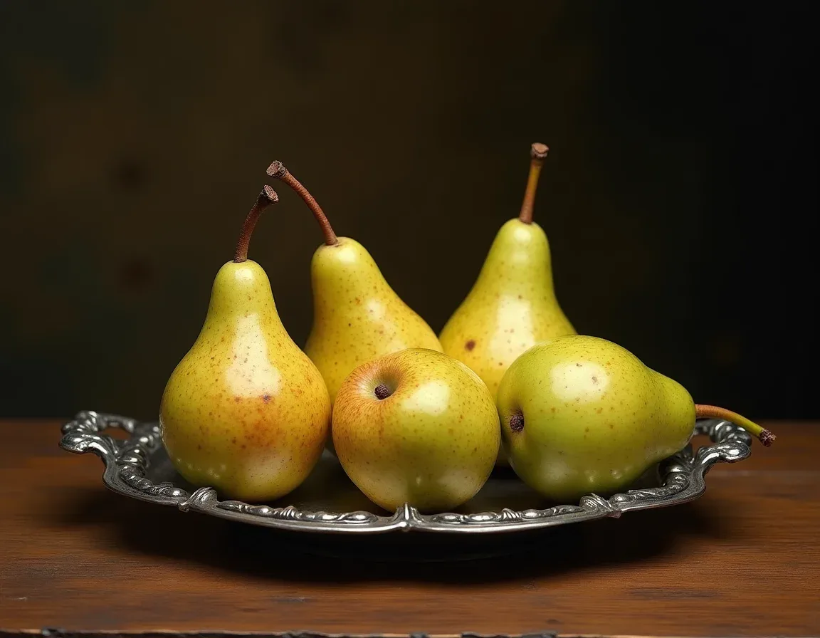 Green and golden pears on a silver tray on a wooden table, softly lit against a dark brown background.