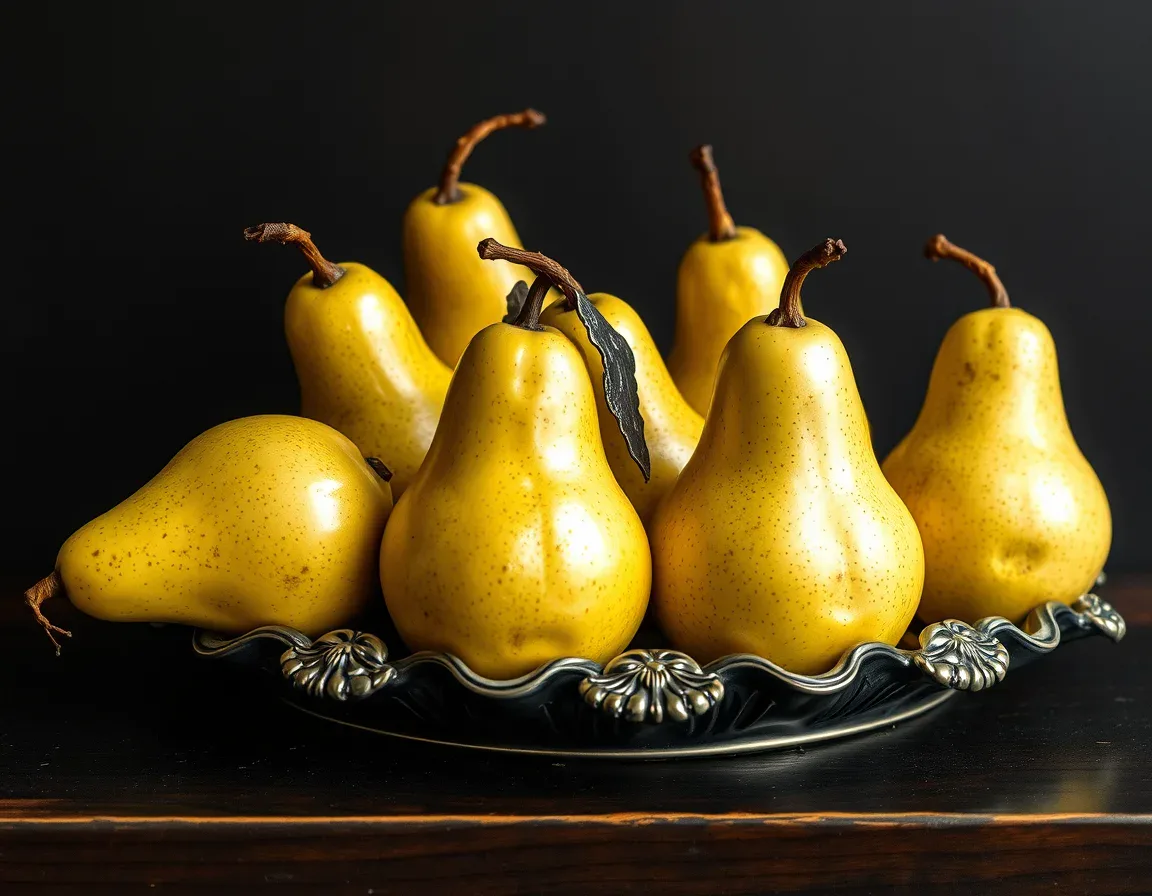 Glossy yellow pears piled on an ornate pewter dish against a black background.