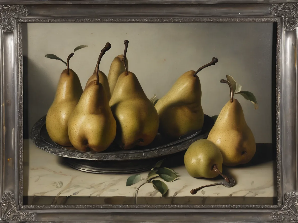An oil painting in an ornate silver frame showing pears on a pewter plate on a cream cloth.