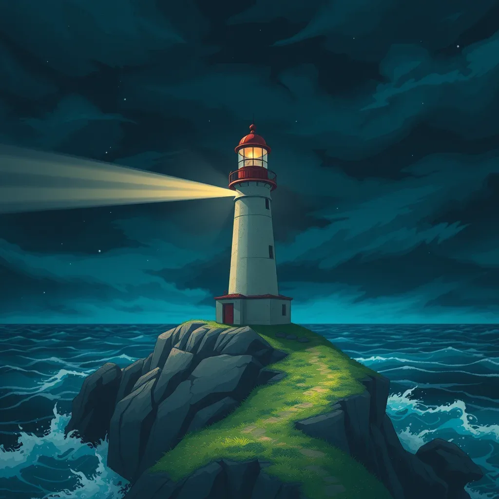 Anime-style illustration of a lighthouse on a green rocky island at night, its beam shining over a dark stormy sea.