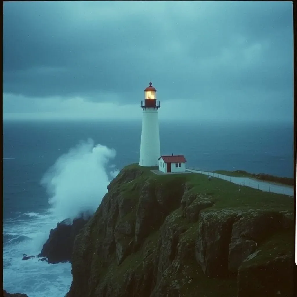 Grainy film photograph of a small lighthouse on a green clifftop with a wave breaking against the rocks under a teal overcast sky.
