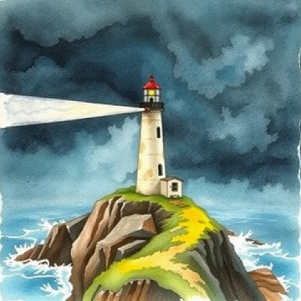 Watercolor painting of a white lighthouse on a mossy rocky cliff, its beam cutting through dark storm clouds above crashing waves.